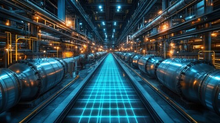 Fototapeta premium Industrial facility interior showcasing advanced machinery and glowing pipelines under bright lights