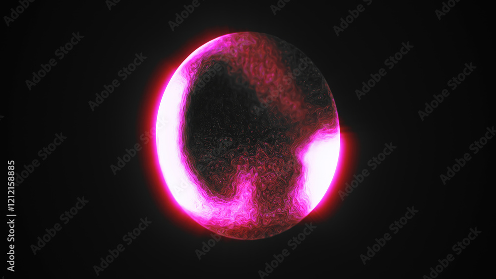 Poster purple and red glowing sphere encircled by sparkling light particles, creating a vibrant cosmic spec