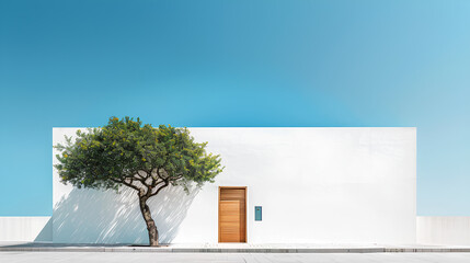 minimalist modern house in white with wood and concrete, a small tree at the entrance, a square courtyard behind the door that has pebbles on one side and trees