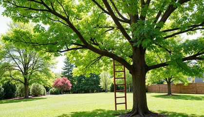 Obraz premium Cherry Tree Pruning. Garden ladder leaning against green tree in sunny springtime, gardening