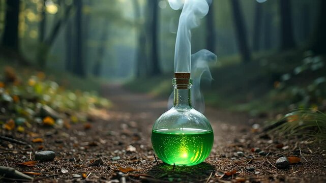  Steaming glass jar of potion on a forest path.
