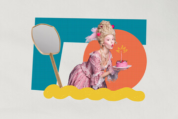 Composite image trend artwork collage of rococo fashion historical portrait feather young lady...