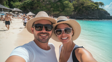 Fototapeta premium A couple taking a selfie at the beach, wearing sun hats and sunglasses, with other tourists in the background. The man has short hair and facial stubble. Ai generated