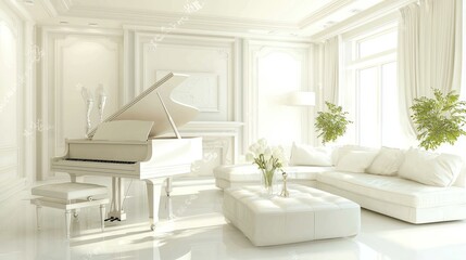 Fototapeta premium A polished grand piano in a bright, elegant living room with soft lighting
