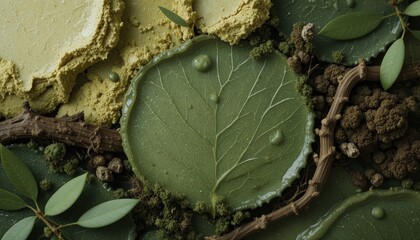 Vibrant green textures blend seamlessly with natural elements like leaves and twigs, creating an artistic display inspired by nature's colors and forms