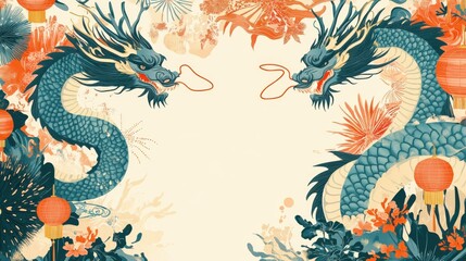 Vibrant chinese new year celebration banner design featuring dragons and lanterns customizable text space festive atmosphere