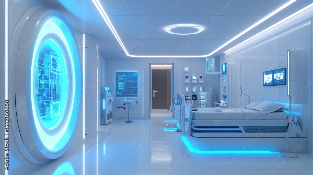 Poster cyber healthcare themes incorporating dynamic animations with blue light effects for a tech-forward 