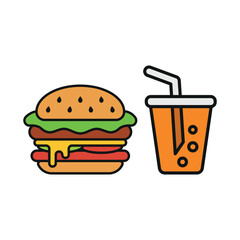 Soda drink and hamburger food icon illustrated in a playful cartoon style bursting with vivid colors and cheerful vibes