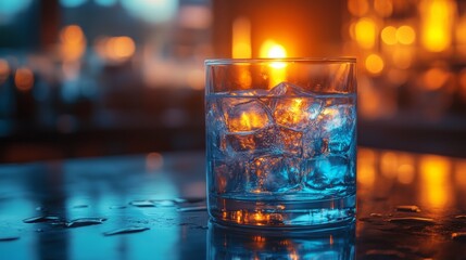 Close-up of cocktail glass on bar counter with warm lighting