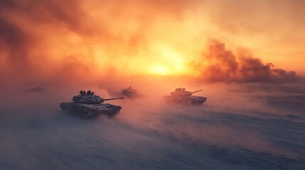 A photograph of the Russian army's tank assault in winter, with tanks moving on an icy field during dawn.