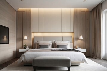 Contemporary Cream Toned Master Bedroom Design With Grey Wall Panel
