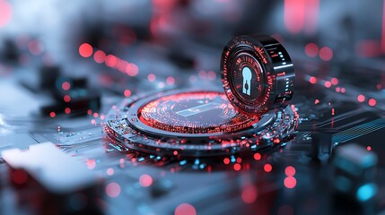 Cyber security key unlocks digital data; futuristic circuit board background. Use Tech website, article
