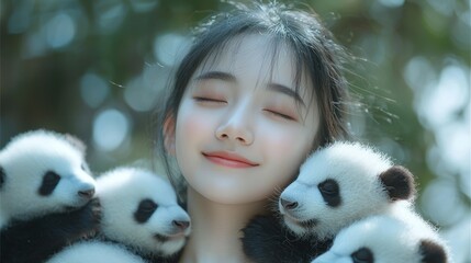Obraz premium Peaceful Moment: Girl Surrounded by Adorable Pandas