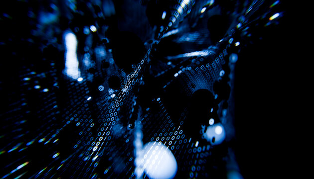 Futuristic digital landscape with binary code in 3D design