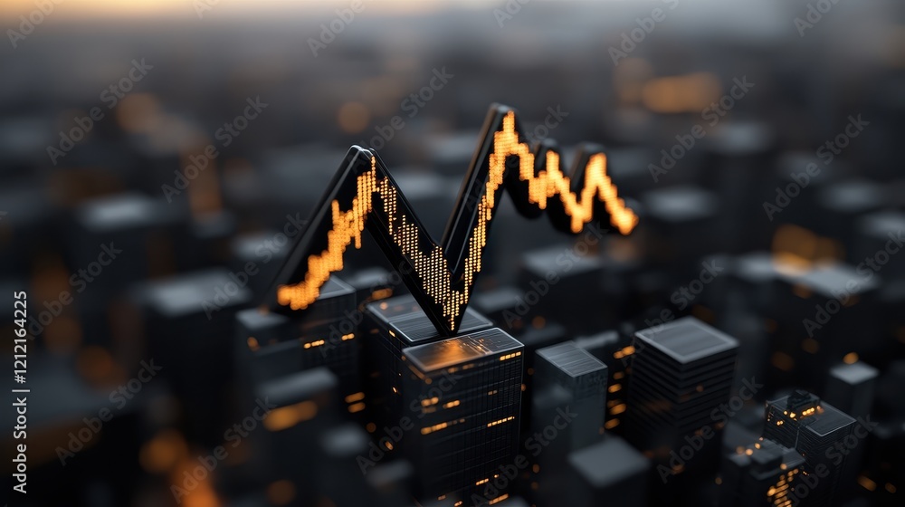 Poster upward pointing arrow constructed with data visual elements against a cityscape background in a tech