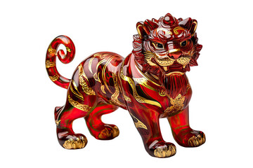 Fototapeta premium Red Tiger Statue: A bold and vibrant red tiger statue with intricate gold detailing, exudes power and strength, symbolizing courage and prosperity.