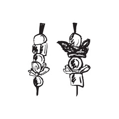 Snack on skewer ark. Cherry tomato, mozzarella ball, lettuce, cucumber, olive served food in brush stroke texture isolated on white background. Hand drawn vector sketch in vintage charcoal ink style