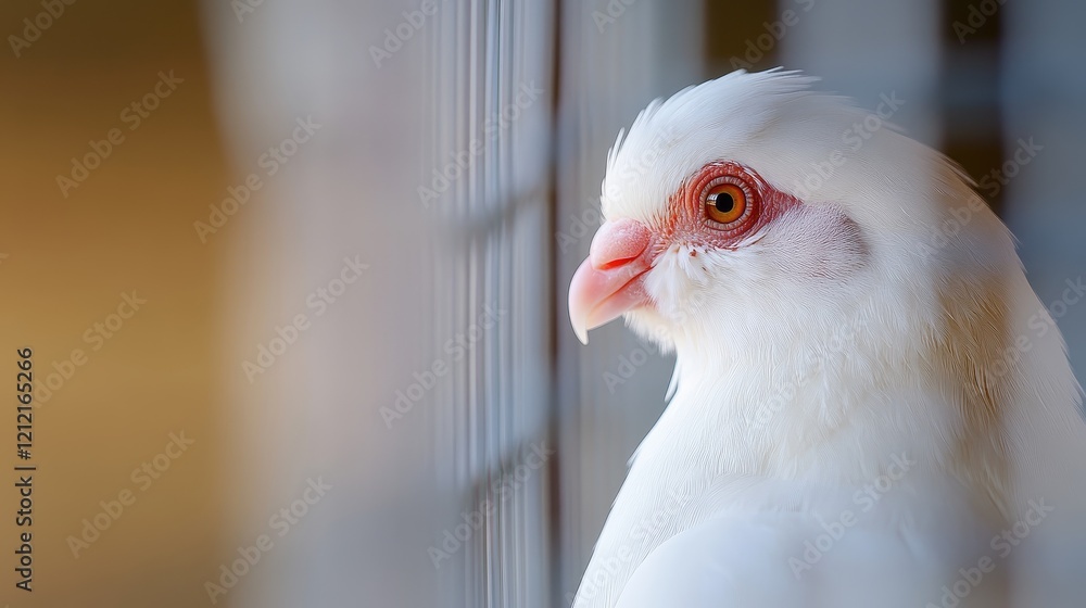 Poster close-up of a white bird in an aviary setting with soft background focus