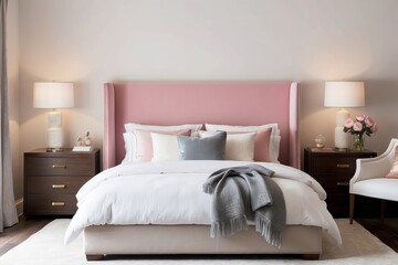 Classic Bedroom Design With Suede Light Pink Headboard