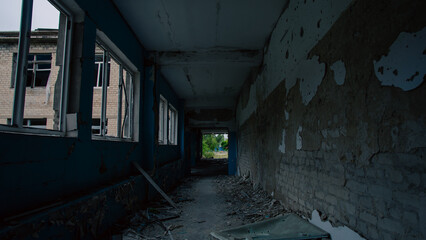 destroyed and burned houses in the city in Ukraine