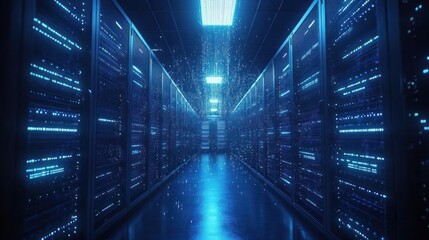 Obraz premium Data center server room; glowing digital rain; technology