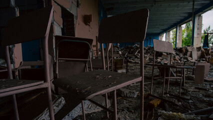 destroyed and burned houses in the city in Ukraine