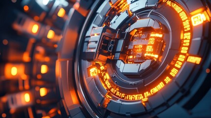 Naklejka premium A futuristic, intricate design featuring glowing orange elements and metallic structures.