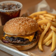 Cheeseburger, fries, soda, restaurant meal, wood background, menu