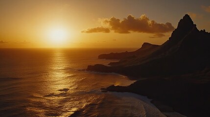 Obraz premium Sunset over volcanic coastline, ocean waves, travel background