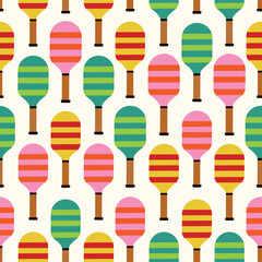 Striped pickleball paddles seamless pattern in green, orange, red and yellow. For sports wear, décor and fabric