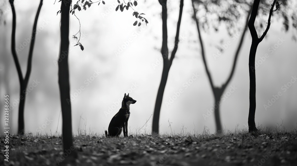 Aufkleber serene view of a dog sitting in a misty woodland setting with trees and soft light