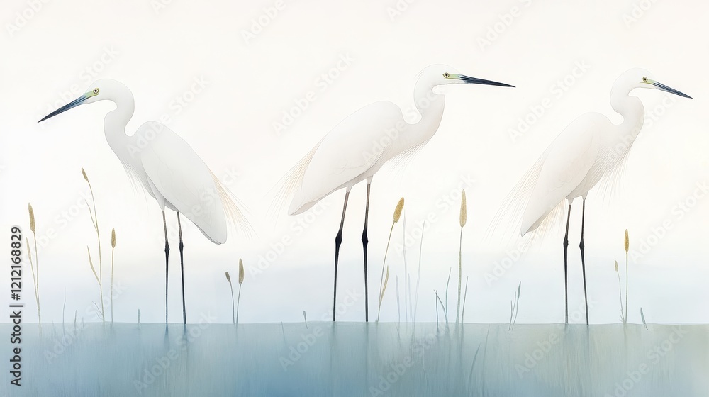 Poster tranquil scene of white egrets in serene estuary setting with minimalist aesthetic and soft color pa