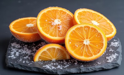 Juicy oranges with salt on slate