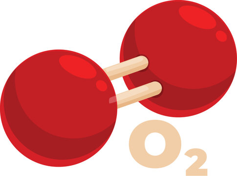 Oxygen molecule model composed of two red oxygen atoms connected by chemical bonds, forming o2, isolated on white background