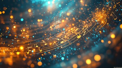 Obraz premium Abstract swirling musical notes with glowing bokeh, background use