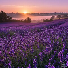 Fototapeta premium Lavender Field Sunrise Mist Rolling Hills