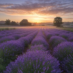 Obraz premium Lavender Field Sunrise Mist Morning Golden Light