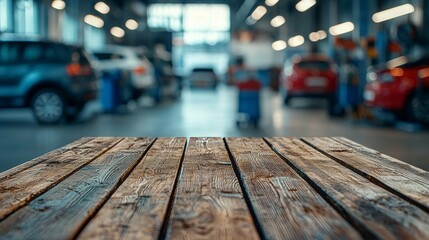 Inside a bustling car service center, a weathered wooden table top invites attention. Surrounding vehicles await maintenance, while tools and equipment enhance the industrial feel of the space