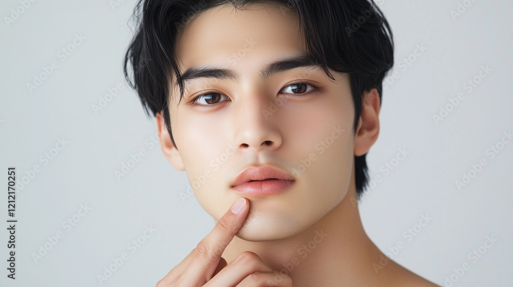 Aufkleber 若くてかっこいいアジア人男性が顎を指で触る仕草をしているポートレート。美容・ファッションのイメージショット。