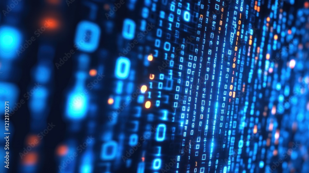 Poster futuristic binary code designs blending neon elements and advanced visuals.