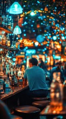 Fototapeta premium Handsome young man sitting at the bar counter in a nightclub