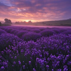 Obraz premium Lavender Field Sunrise Mist Majestic Landscape