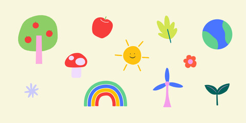Nature element set. Sun, rainbow, trees, plants, earth, apple, flowers Vector Illustration