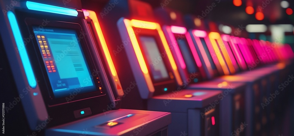 Aufkleber futuristic arcade machines glow brightly. neon lights illuminate a row of game terminals. possible u