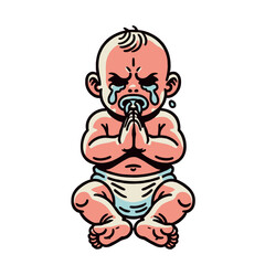 A humorous cartoon-style illustration of a crying baby in a praying pose, expressing emotion and innocence. Perfect for parenting and emotional concepts. Isolated vector illustration.