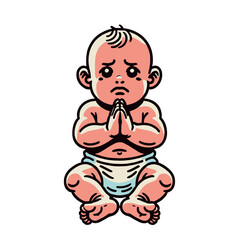 A cute cartoon-style illustration of a chubby baby in a diaper sitting and praying with a worried expression, perfect for parenting, humor, and emotional themes. Isolated vector illustration.