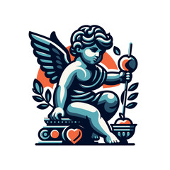 Fototapeta premium A colorful vector illustration of a cherub holding an apple and sitting on books, symbolizing love, wisdom, and romance. Ideal for Valentine’s Day and mythology themes. Isolated vector illustration.