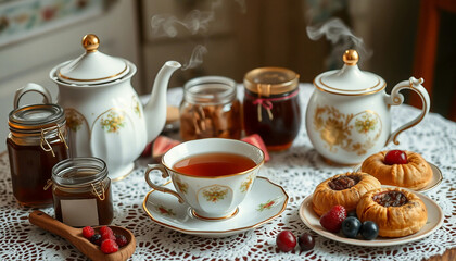Fototapeta premium An inviting arrangement of tea and pastries served with delicate fine china over lace tablecloth.