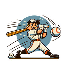 A playful cartoon-style illustration of a baseball player swinging a bat with dynamic motion lines, perfect for children's sports designs and fun projects. Isolated vector illustration.
