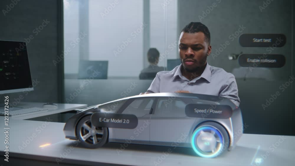 Poster african american automotive engineer uses virtual reality hologram to construct 3d prototype of high